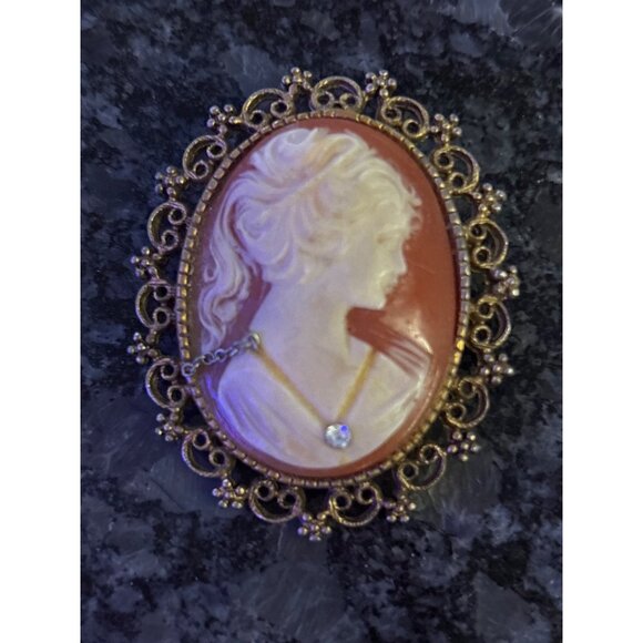 Vintage Cameo Brooch Rhinestone Victorian Style Lady Profile Gold-Tone Filigree - Picture 9 of 9